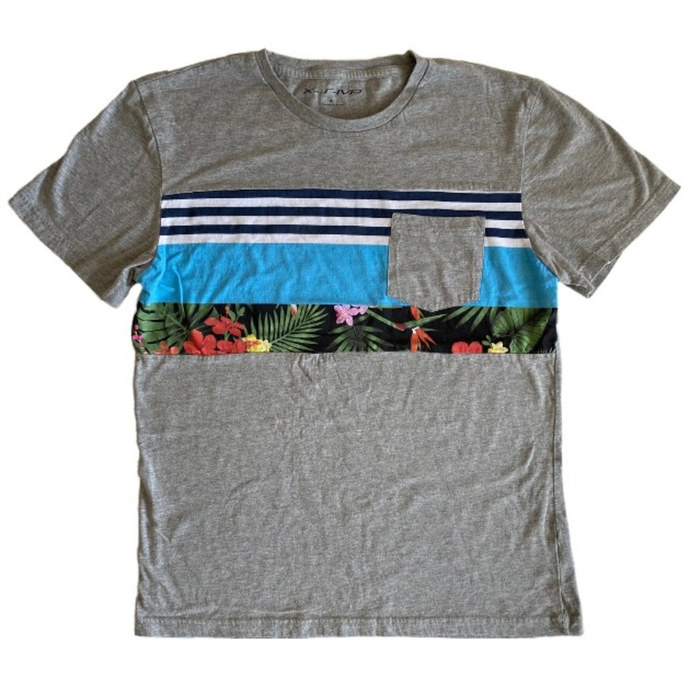 X-S-IVE Gray Tropical Print Pocket Short Sleeve T-Shirt
